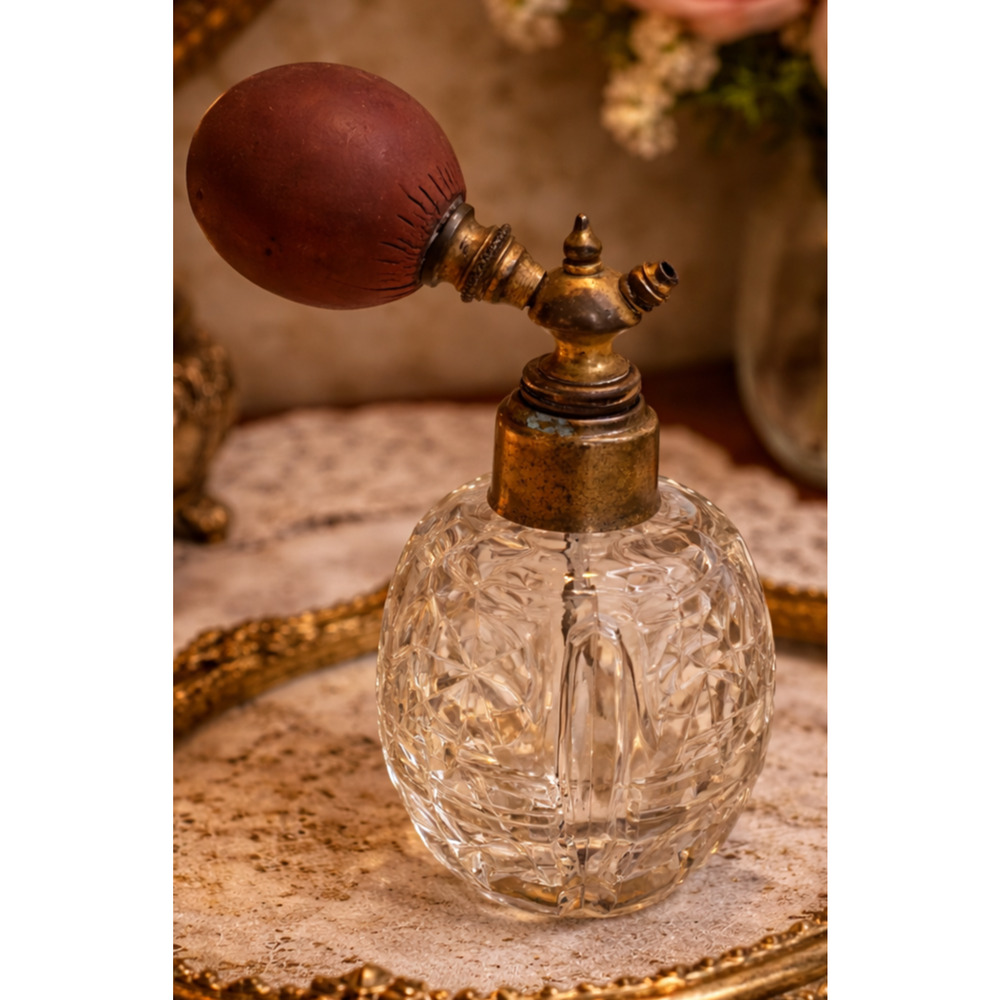 Vintage Cut Glass Perfume Atomizer Brass Sprayer Vintage Vanity Bottle Retro